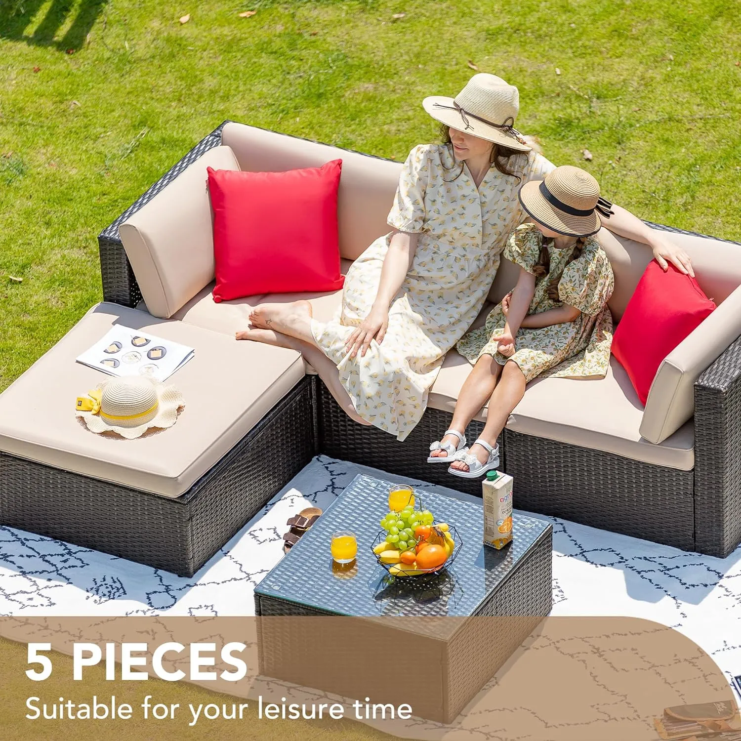 5 Pieces Patio Furniture Set, All Weather Outdoor Sectional Patio Sofa Manual Weaving Wicker Rattan Patio Seating Sofas with Cushion and Glass Table Beige