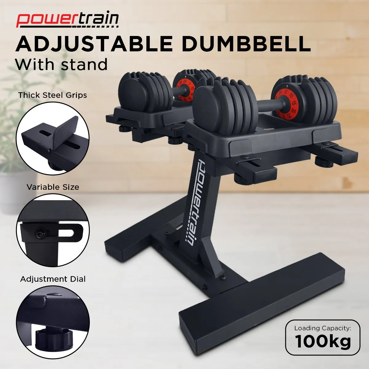 Adjustable Cast Iron Dumbbell Set 50kg with Stand - Powertrain GEN2