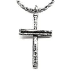 Baseball Bat Cross Necklace Pewter Rope chain