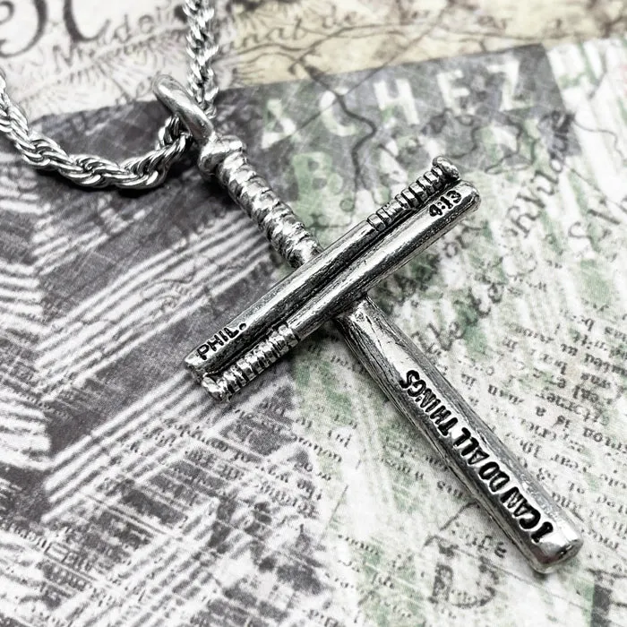 Baseball Bat Cross Necklace Pewter Rope chain