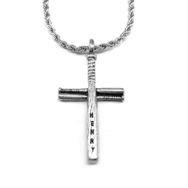 Baseball Softball Personalize Bat Cross Necklace Pewter Rope chain