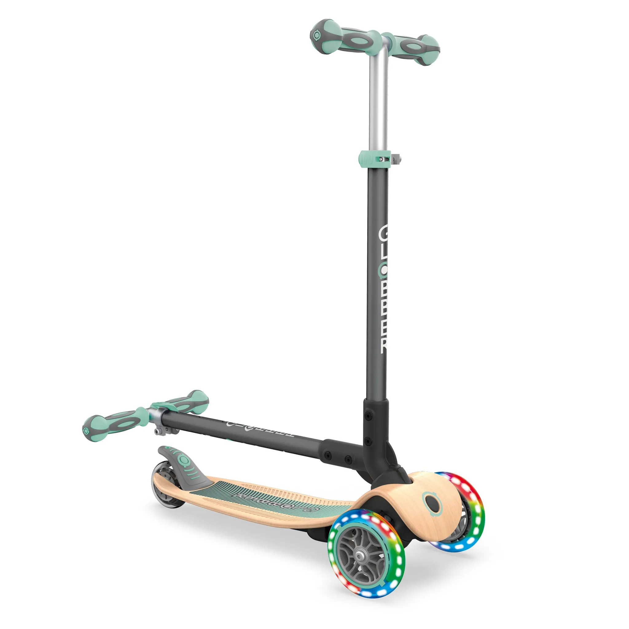 Globber Primo Foldable Wood Lights Scooter - Mint (3y - 7y)