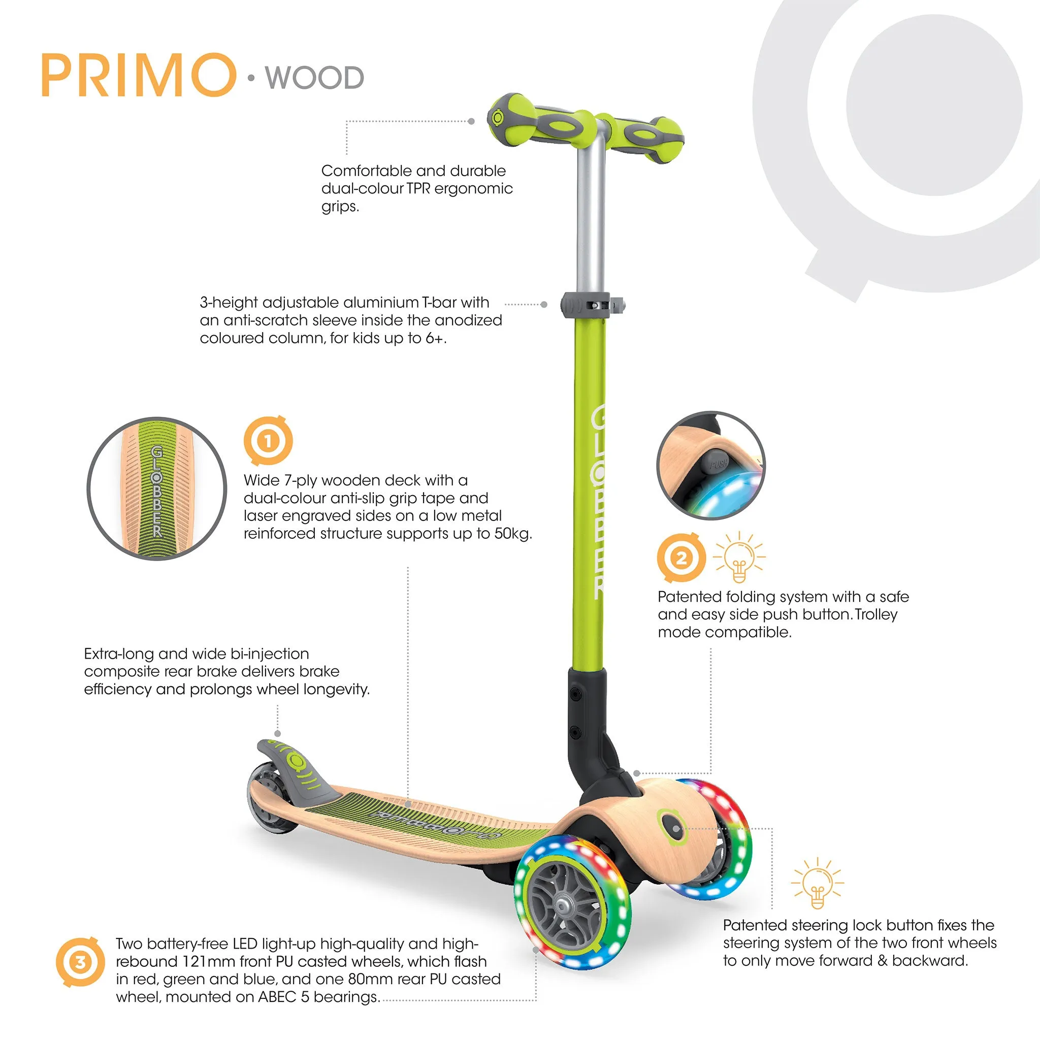 Globber Primo Foldable Wood Lights Scooter - Mint (3y - 7y)