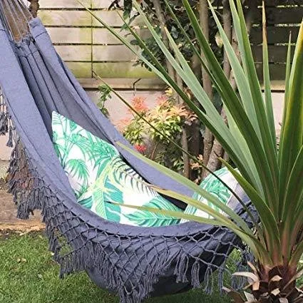 Grey Brazilian Style Hammock - Canvas Tassels Crochet Fringe Double EXTRA-LARGE