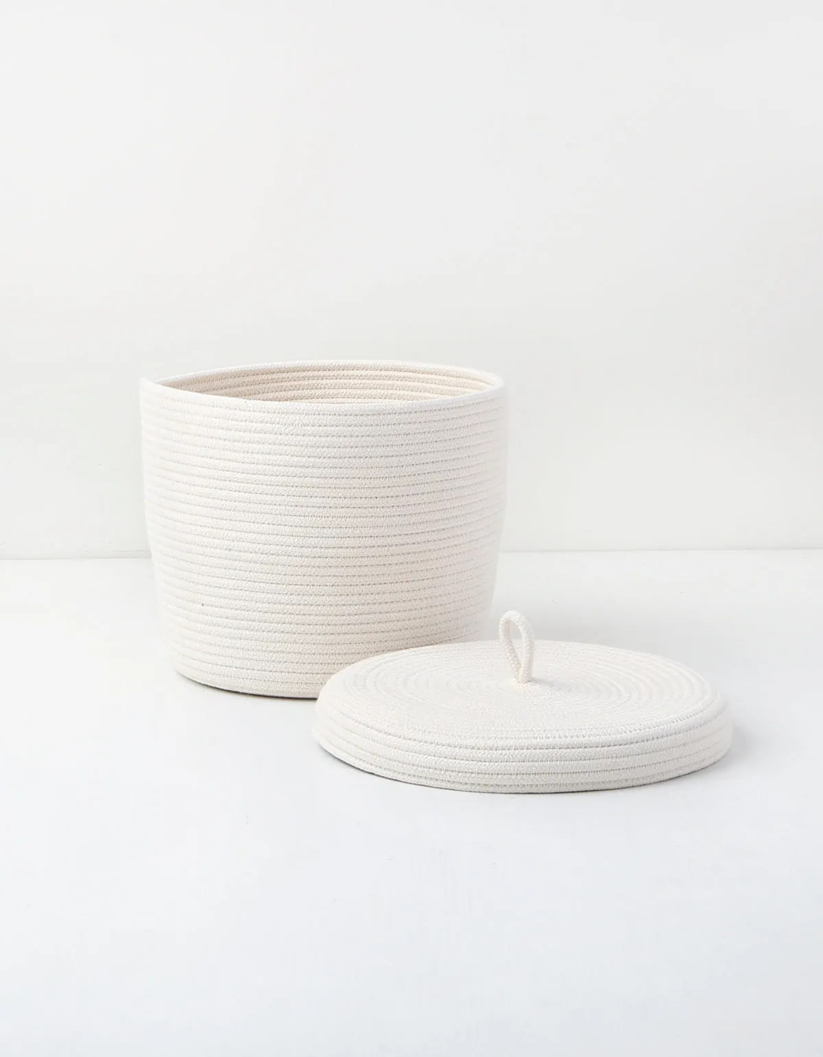 Ivory Cylinder Lidded Rope Basket