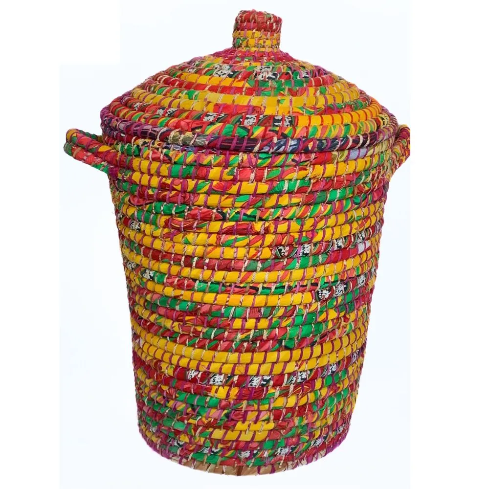 Kaisa Grass and Recycled Sari Lidded Hamper Basket