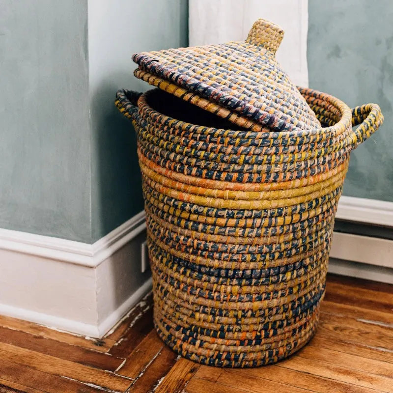 Kaisa Grass and Recycled Sari Lidded Hamper Basket