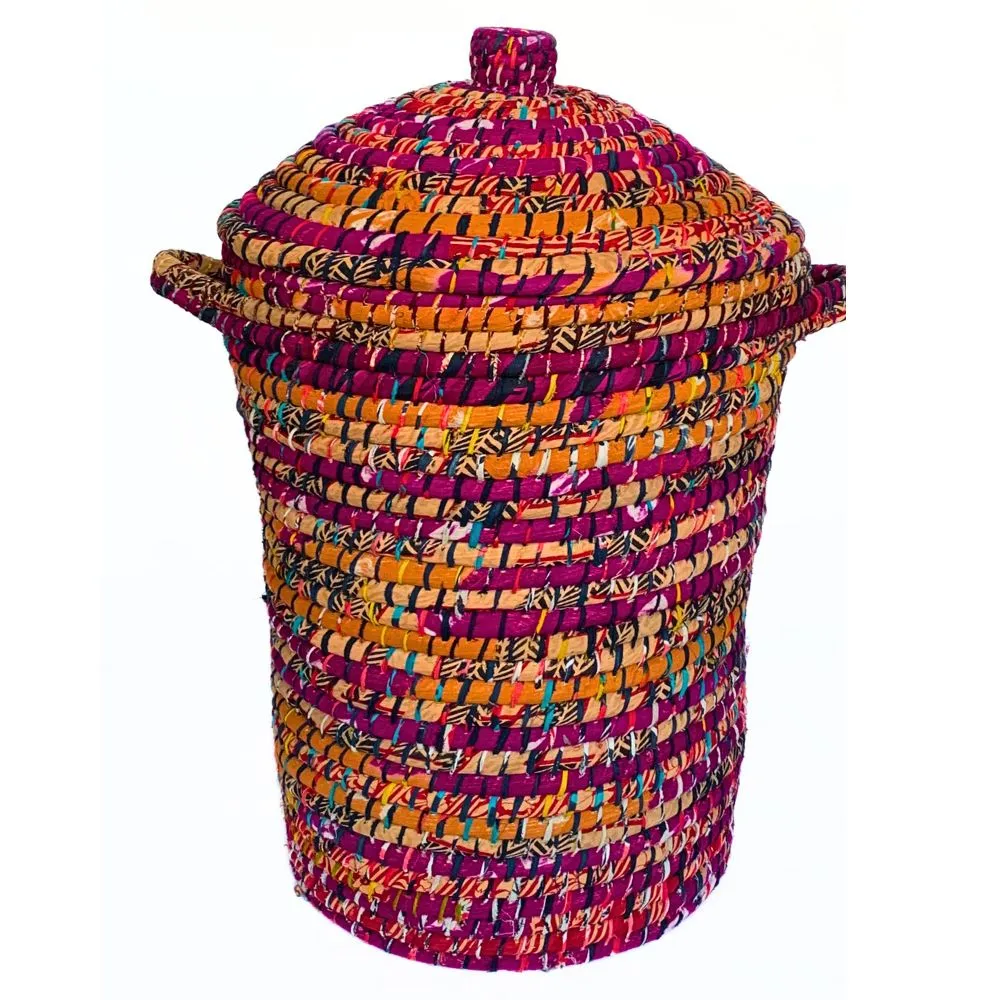 Kaisa Grass and Recycled Sari Lidded Hamper Basket