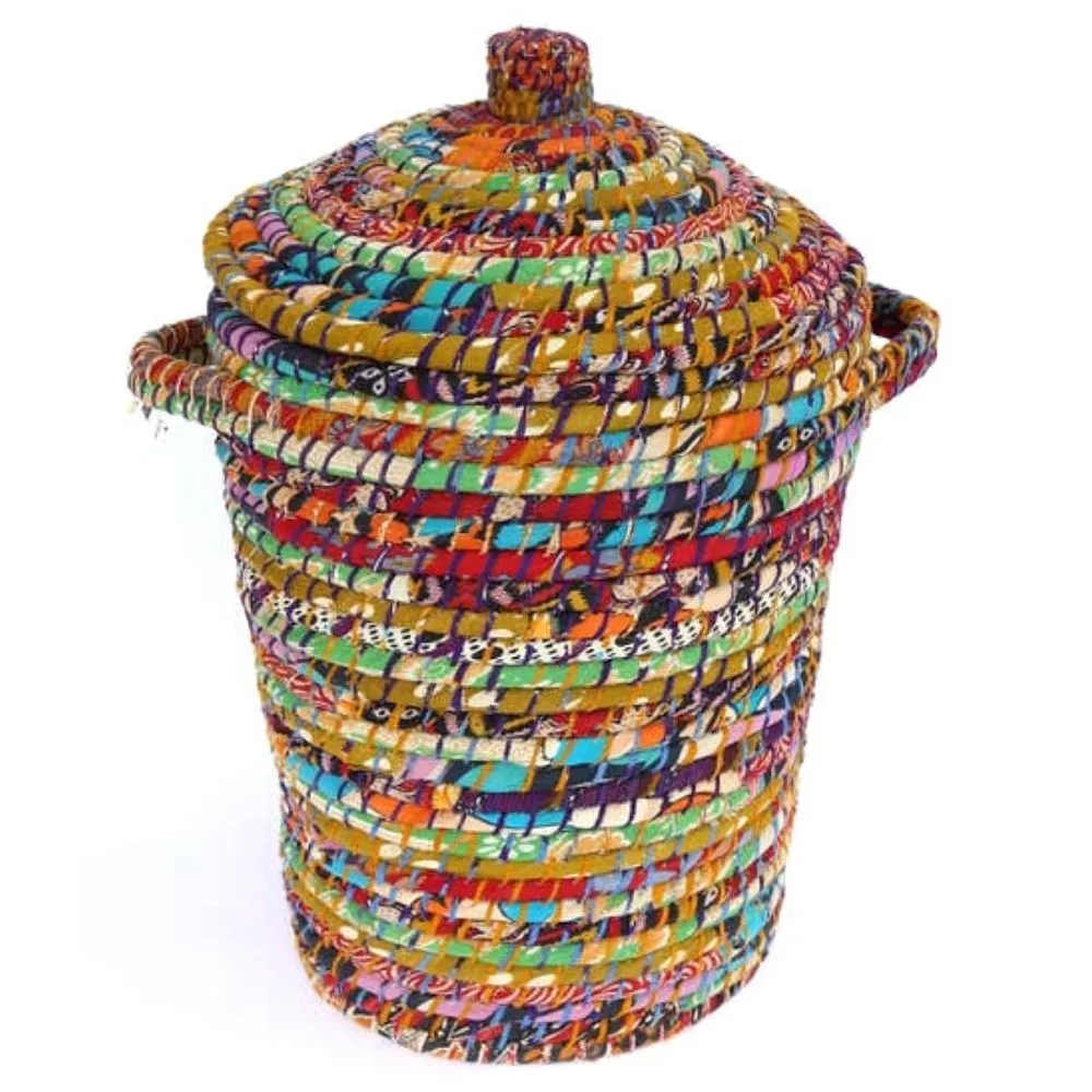 Kaisa Grass and Recycled Sari Lidded Hamper Basket