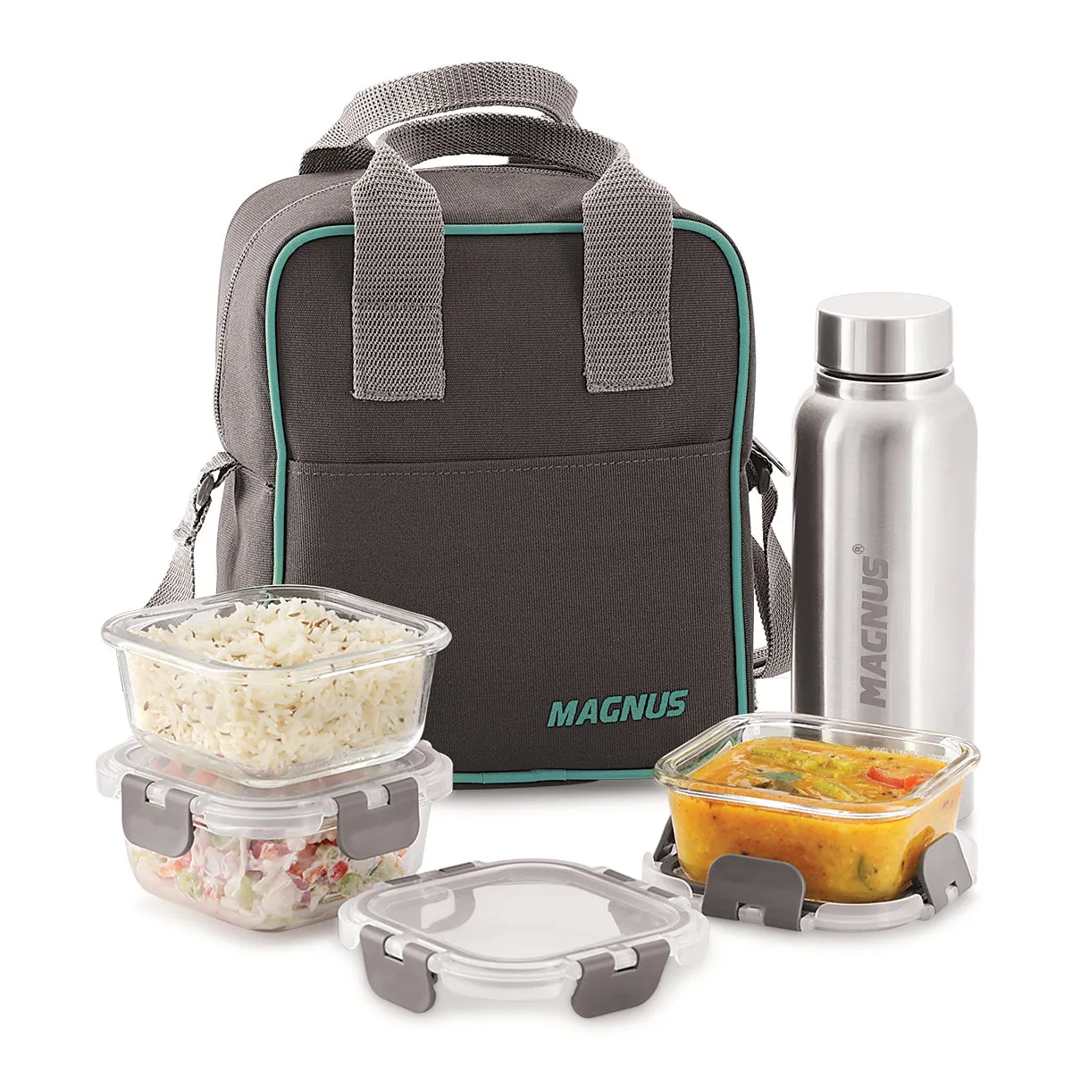 Magnus Glock Solid Lunch Box with Vertical Pouch & Detachable Clip, 3 1 Square Glass Containers 320 ML