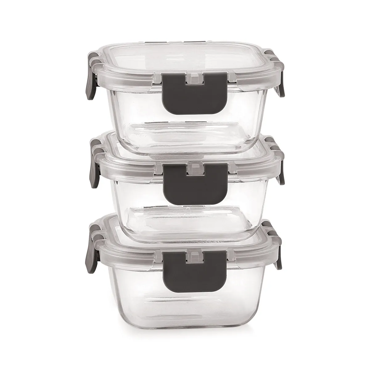 Magnus Glock Solid Lunch Box with Vertical Pouch & Detachable Clip, 3 1 Square Glass Containers 320 ML