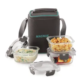 Magnus Glock Solid Lunch Box with Vertical Pouch & Detachable Clip, 3 Square Glass Containers 320 ML