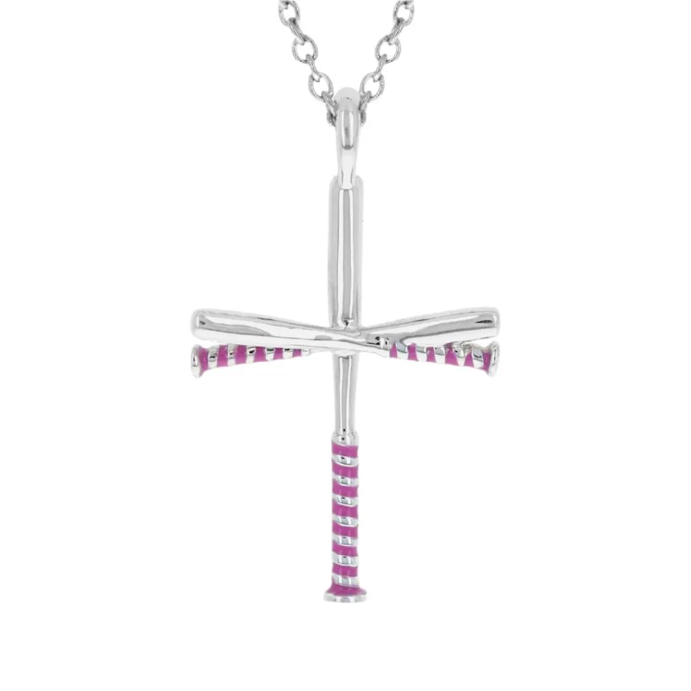 Pink Youth Softball Bat Cross Necklace | Sterling Silver