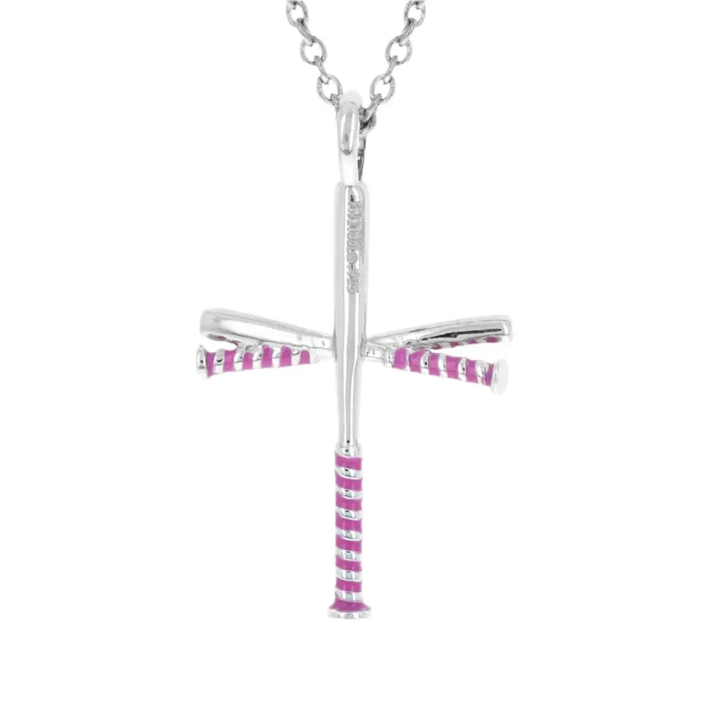 Pink Youth Softball Bat Cross Necklace | Sterling Silver