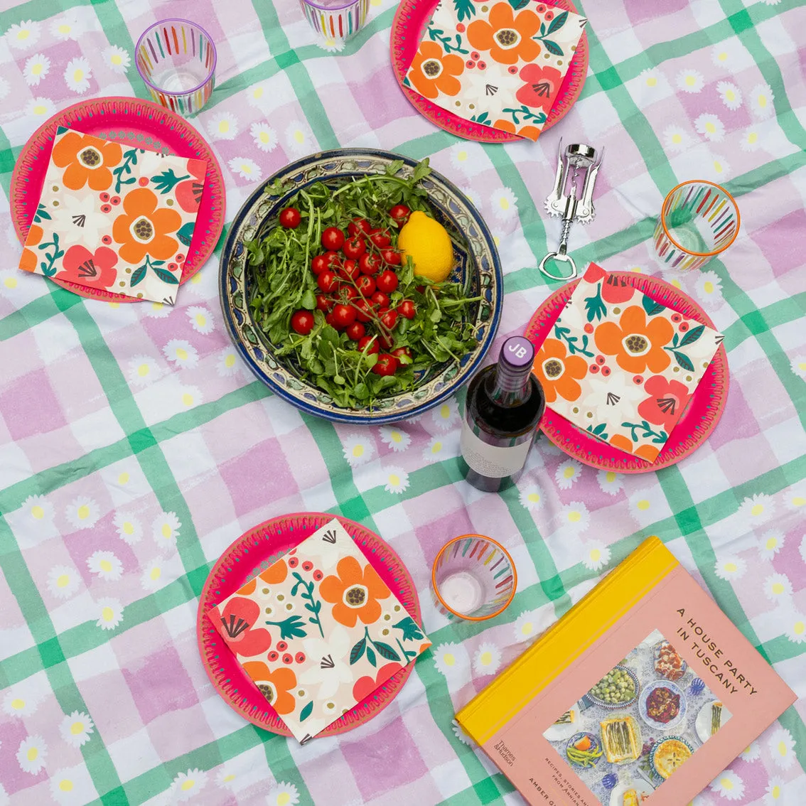 Purple & Green Gingham Daisy Picnic Blanket