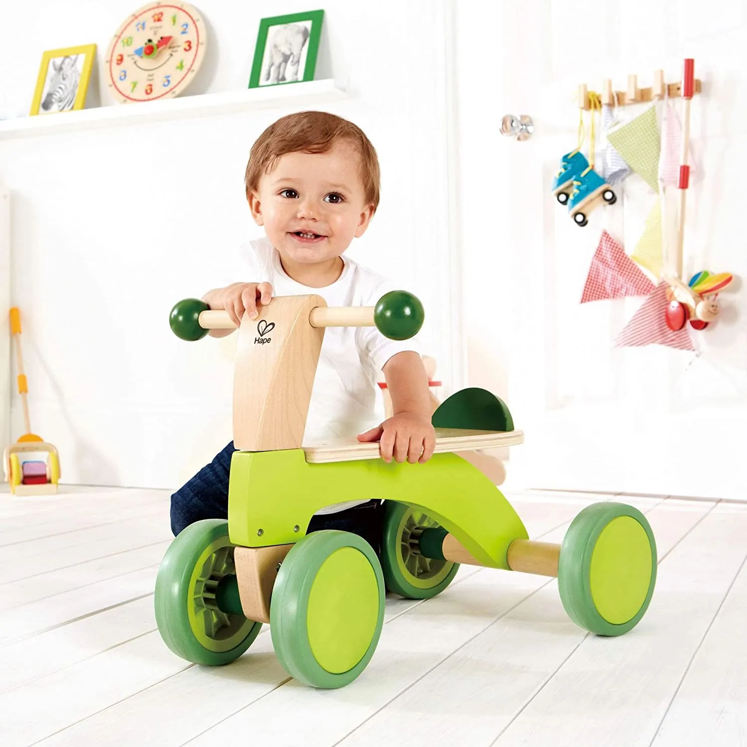 Ride On Wood Bike, Four Wheeled Wooden Push Balance Bike Toy for Toddlers