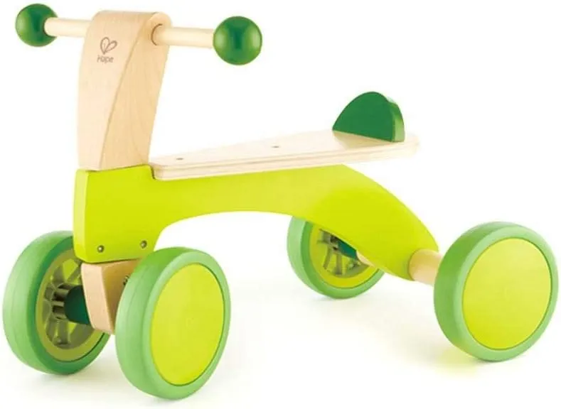 Ride On Wood Bike, Four Wheeled Wooden Push Balance Bike Toy for Toddlers