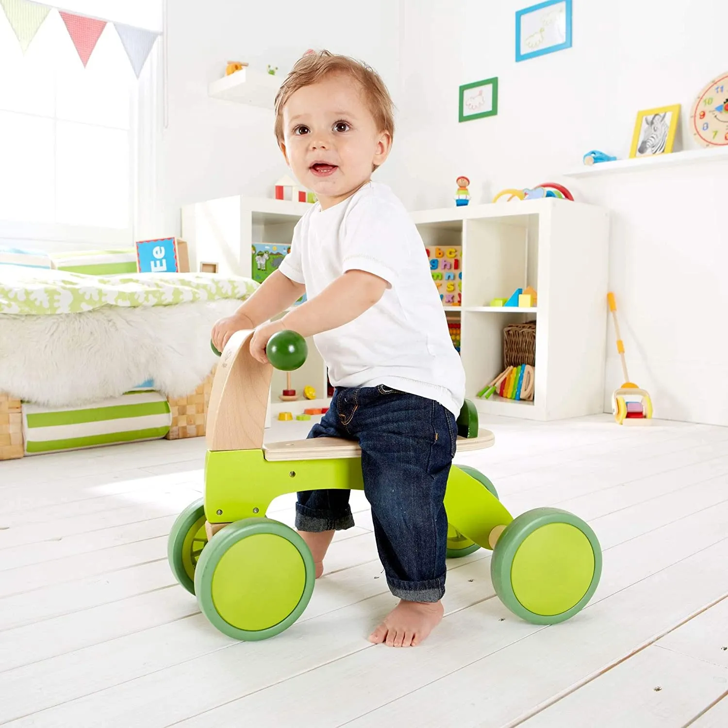 Ride On Wood Bike, Four Wheeled Wooden Push Balance Bike Toy for Toddlers