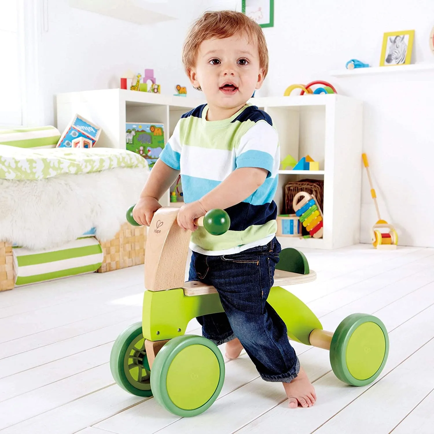 Ride On Wood Bike, Four Wheeled Wooden Push Balance Bike Toy for Toddlers