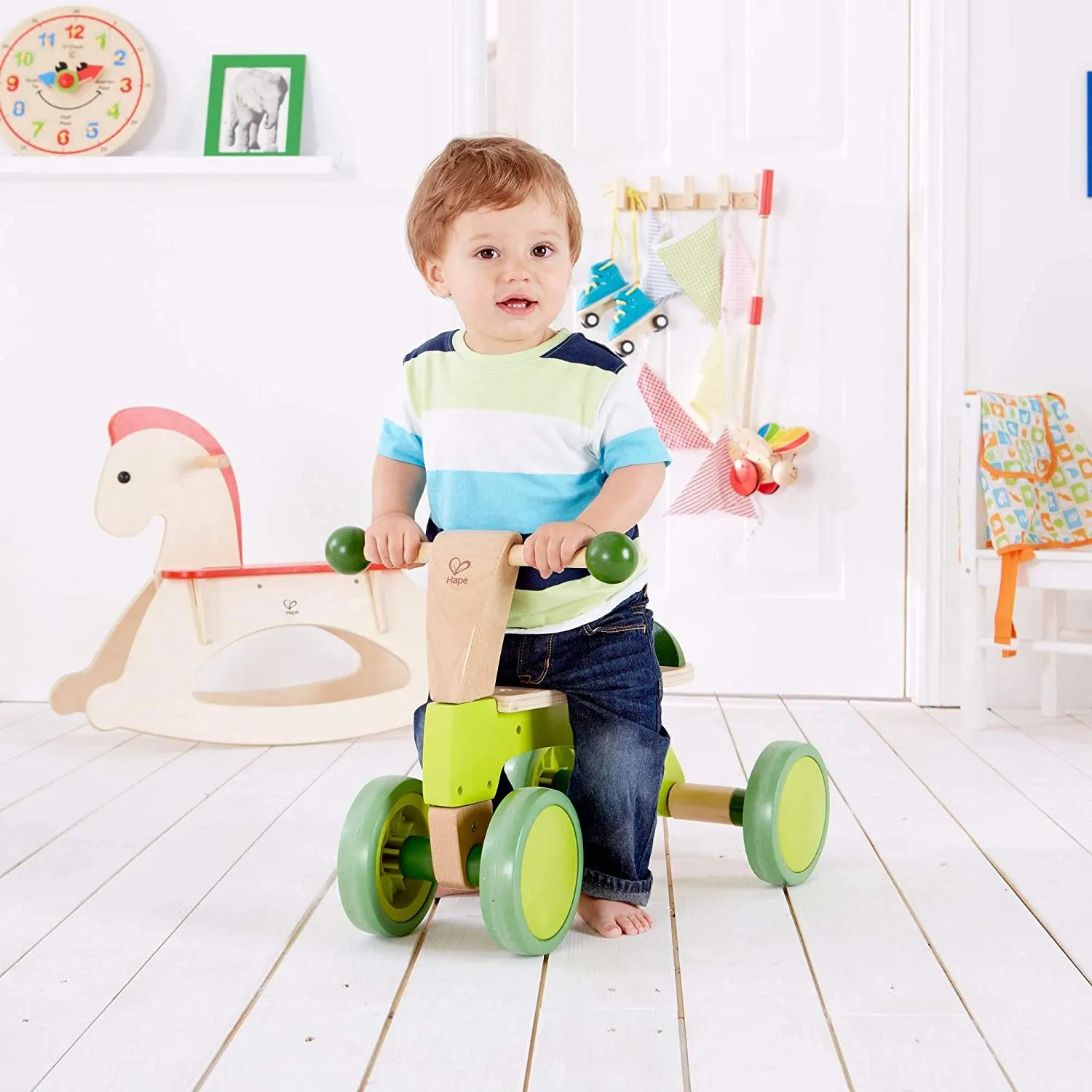 Ride On Wood Bike, Four Wheeled Wooden Push Balance Bike Toy for Toddlers