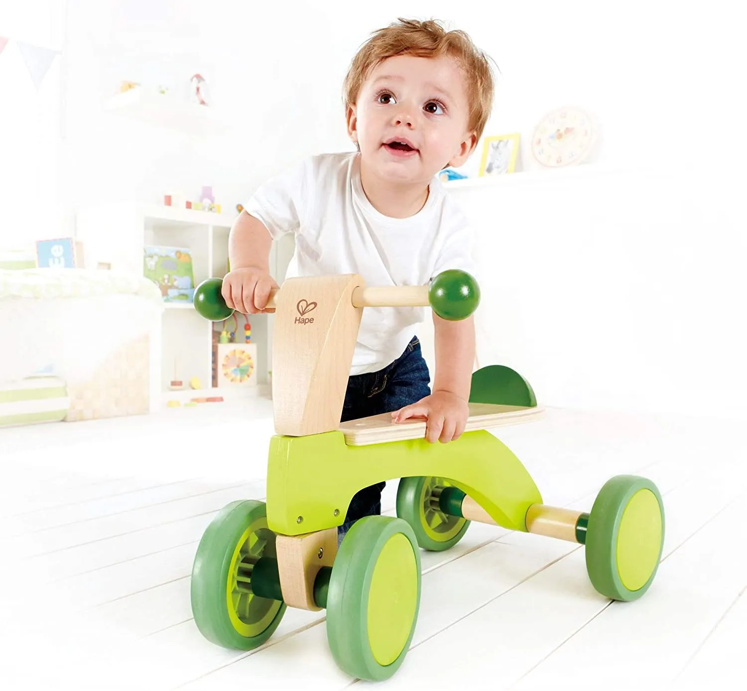 Ride On Wood Bike, Four Wheeled Wooden Push Balance Bike Toy for Toddlers