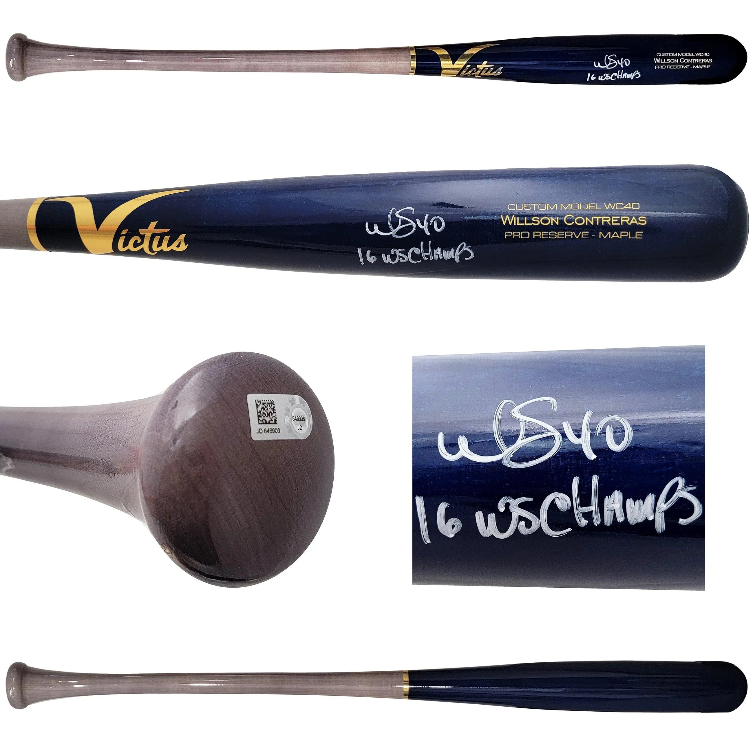 Wilson Contreras Autographed Black & Grey Victus Pro Reserve Maple Bat Chicago Cubs "16 WS Champs" MLB Holo Stock #208797